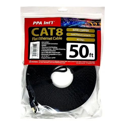 Cables de Red PPA 50 Ft. Flat CAT 8 Snagless Ethernet Cable Negro