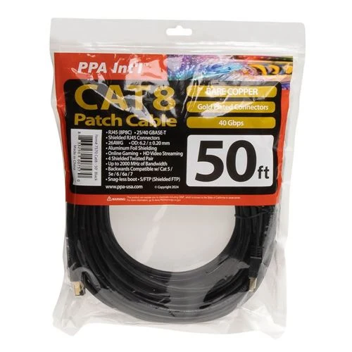 Cables de Red PPA 50 Ft. CAT 8 Gold-Plated Ethernet Cable Negro