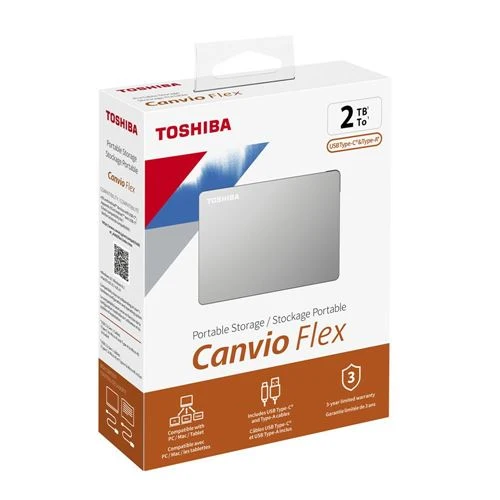 Disco Duro Toshiba Canvio Flex 2TB USB 3.1 (Gen 1 Type-A) and USB 3.1 (Gen 1 Type-C) 2.5" Portable External Hard Drive Plata