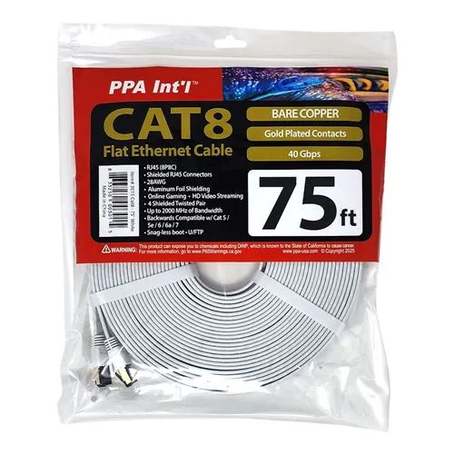 Cables de Red PPA 75 Ft. Flat CAT 8 Snagless Ethernet Cable Blanco