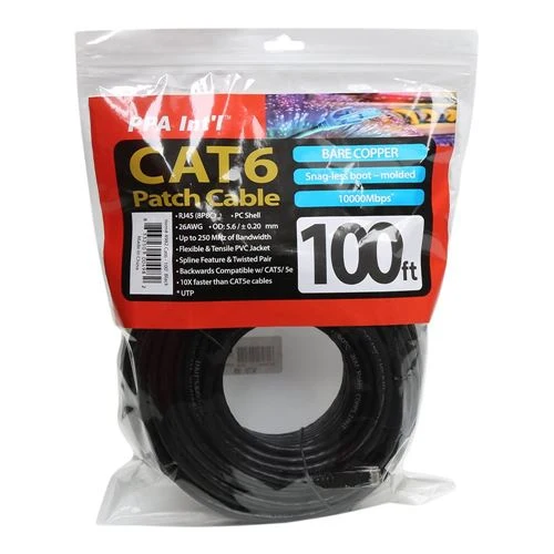 Cables de Red PPA 100 Ft. CAT 6 Stranded Snagless Ethernet Cable Negro
