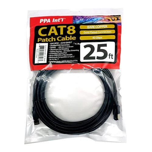 Cables de Red PPA 25 Ft. CAT 8 Gold-Plated Ethernet Cable Negro