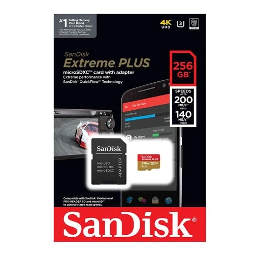 Tarjeta de Memoria Sandisk 256GB Extreme PLUS microSDXC Class 10 A2 UHS-3 V30 Flash Memory Card