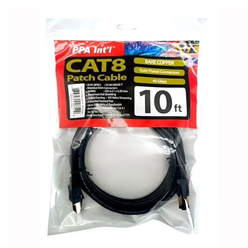 Cables de Red PPA 10 Ft. CAT 8 Gold-Plated Ethernet Cable Negro