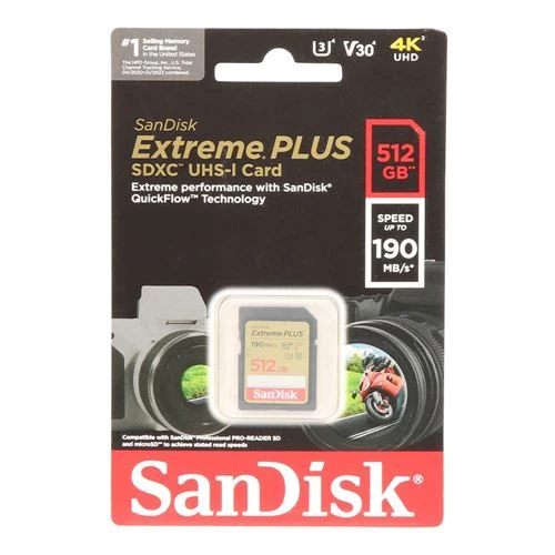 Tarjeta de Memoria Sandisk 512GB Extreme PLUS SDXC Class 10 USH-3 V30 Flash Memory Card