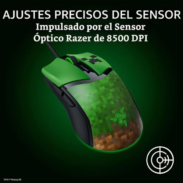 Mouse Gamer Razer Cobra Minecraft Edition Cableado USB - Sensor Óptico 8500 DPI - 6 Botones - RGB Chroma - RZ01-04650200-R3M1 - Verde