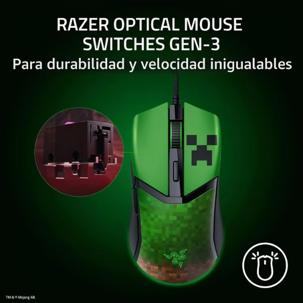 Mouse Gamer Razer Cobra Minecraft Edition Cableado USB - Sensor Óptico 8500 DPI - 6 Botones - RGB Chroma - RZ01-04650200-R3M1 - Verde