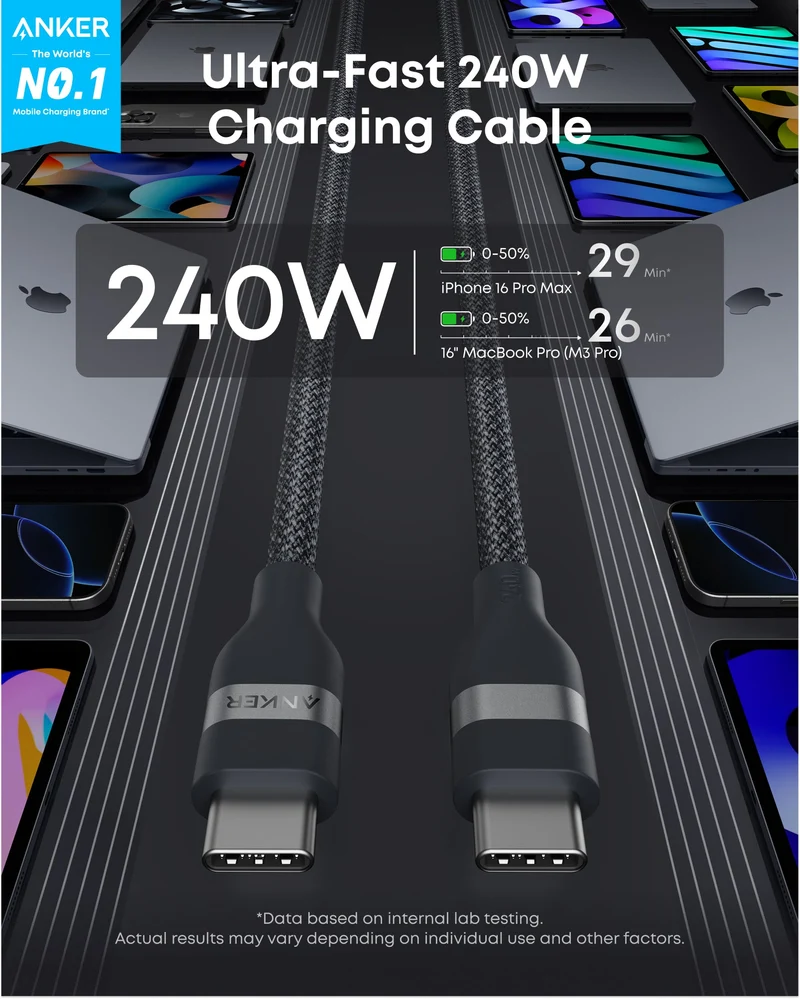 Cable Anker 240W USB-C to USB-C Cable (6ft Upcycled-Braided)