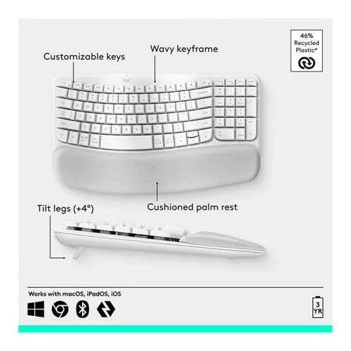 Teclado Logitech Wave Keys Ergonomic Wireless Keyboard Blanco