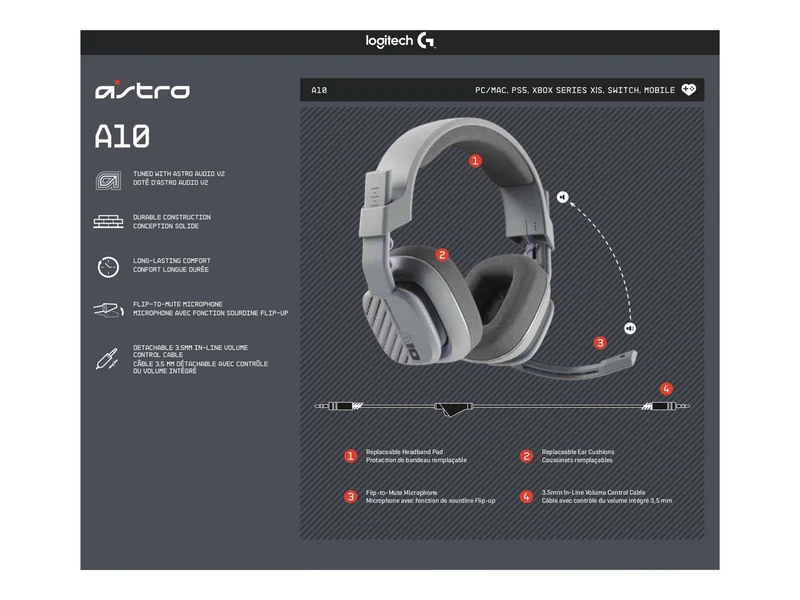 Audífonos Astro Logitech G Astro A10 Wired Gaming Headset, Gray