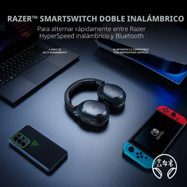 Audífono - Micrófono Razer Barracuda X - Inalámbrico - SmartSwitch Dual Wireless - Bluetooth - 40mm - 50 Horas Batería - Negro - RZ04-04430100-R3U1