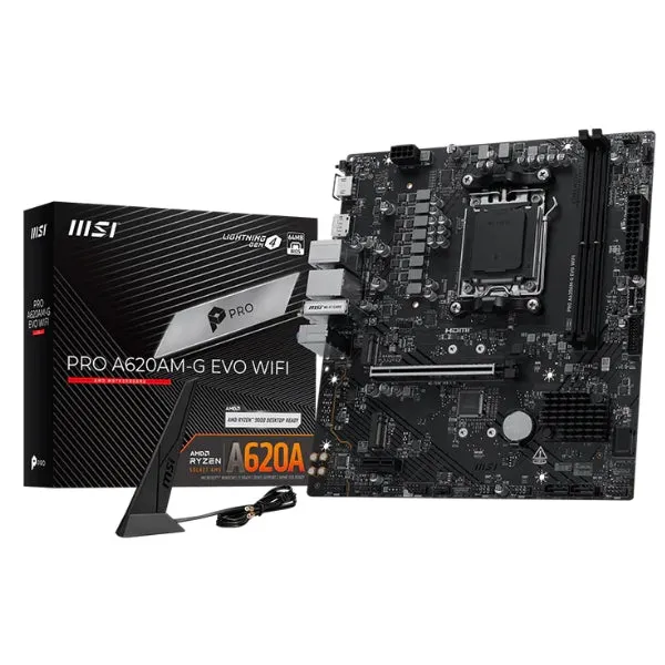 Tarjeta Madre MSI PRO A620AM-G EVO WiFi 6E - Micro-ATX - Socket AM5 - 2x DDR5 - 2x M.2 - PCIe 4.0 - WiFi 6E - Bluetooth 5.3 - HDMI/DisplayPort - 911-7E96-002