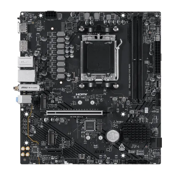 Tarjeta Madre MSI PRO A620AM-G EVO WiFi 6E - Micro-ATX - Socket AM5 - 2x DDR5 - 2x M.2 - PCIe 4.0 - WiFi 6E - Bluetooth 5.3 - HDMI/DisplayPort - 911-7E96-002