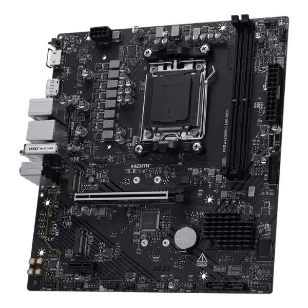Tarjeta Madre MSI PRO A620AM-G EVO WiFi 6E - Micro-ATX - Socket AM5 - 2x DDR5 - 2x M.2 - PCIe 4.0 - WiFi 6E - Bluetooth 5.3 - HDMI/DisplayPort - 911-7E96-002