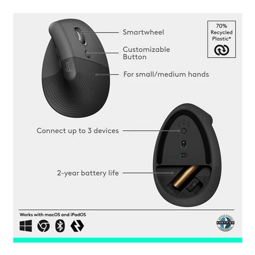 Mouse Logitech Lift Vertical Ergonomic Wireless Mouse Negro
