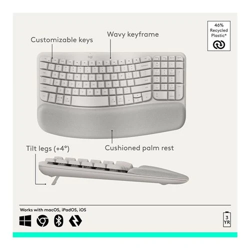 Teclado Ergonómico Inalámbrico Logitech Wave Keys Arena, Diseño Ondulado