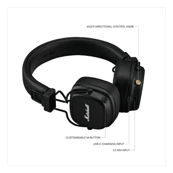 Audífonos Marshall Major V Bluetooth On-Ear plegables con micrófono y batería de 100 horas - Negro