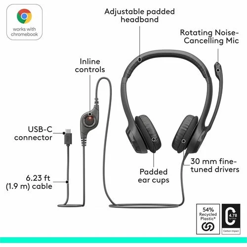 Audífonos Logitech H390 - Cableado USB-C, para oficina y videollamadas