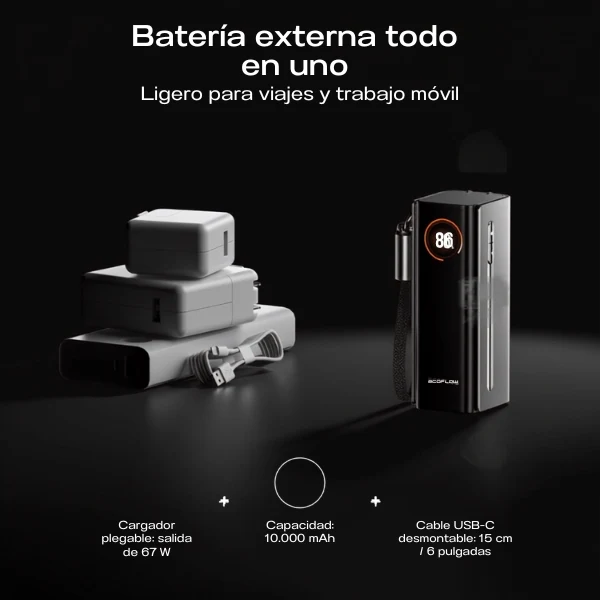 Power Bank EF EcoFlow RAPID Pro - 10000mAh - Carga Rápida 67W - Cable USB-C Integrado - Cargador de Pared