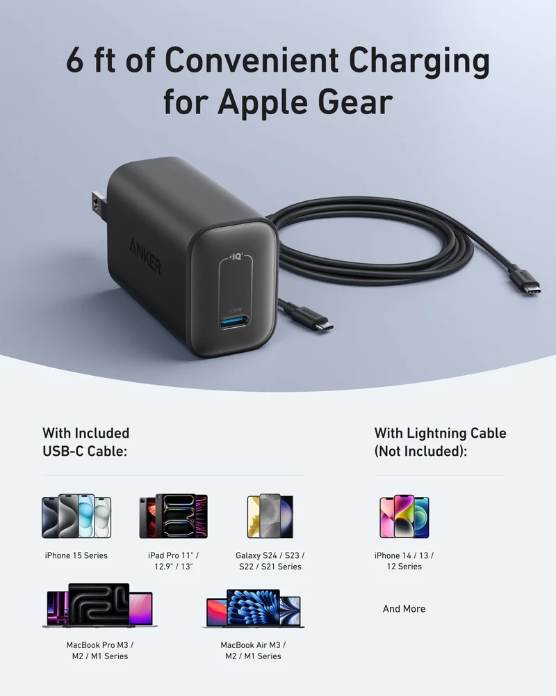 Cargador Anker 100W 2 USB-C 1 USB-A con Pantalla y Cable
