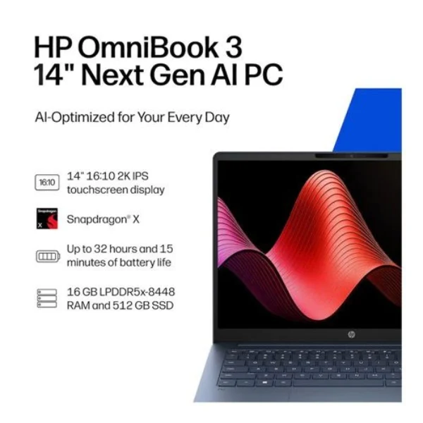 Laptop HP OmniBook 3 Next Gen AI 14-hz0015dx Touchscreen Snapdragon X 16 GB RAM 512 GB SSD 14" Qualcomm Adreno - Starlit Blue Aluminum