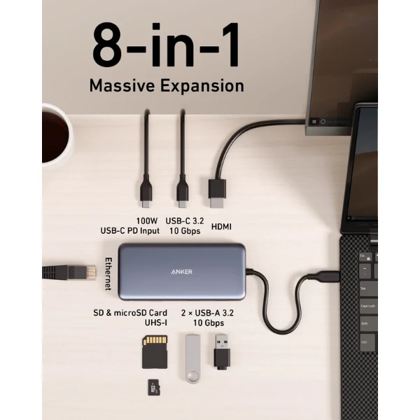 Hub USB-C Anker 8 en 1 10G 4K HD