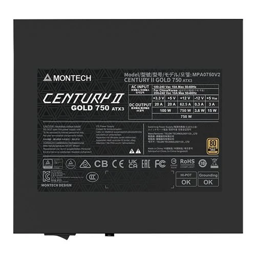 Fuente de Poder Montech CENTURY II - 750W - 80 Plus Gold - Fully-Modular - ATX