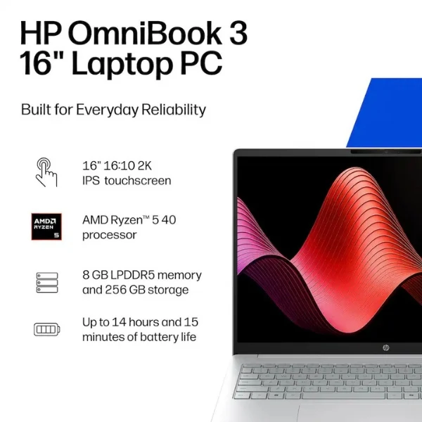 Laptop HP OmniBook 3 Touchscreen AMD Ryzen 5 40 (4.3GHz) 8 GB RAM 256 GB SSD 16" AMD Radeon 610M Win 11 Home - Glacier Silver