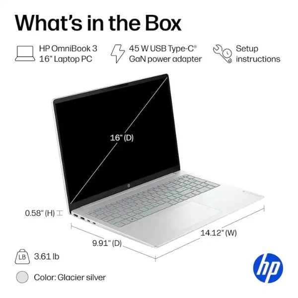 Laptop HP OmniBook 3 Touchscreen AMD Ryzen 5 40 (4.3GHz) 8 GB RAM 256 GB SSD 16" AMD Radeon 610M Win 11 Home - Glacier Silver