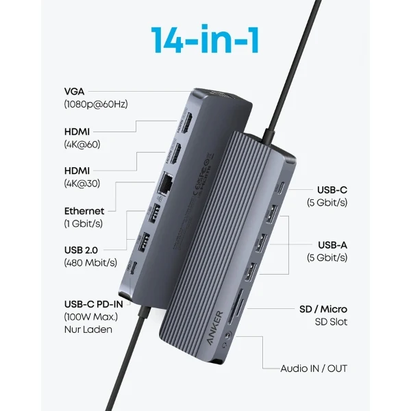 Adaptador USB-C Anker 14 en 1 Triple Display
