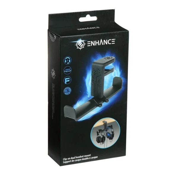 Soporte Doble para Audífonos Gamer Accessory Power ENHANCE - Clip-On Desk - Rotación 360 - Organizador de Cables - ENUNHPD100BKEW - Negro