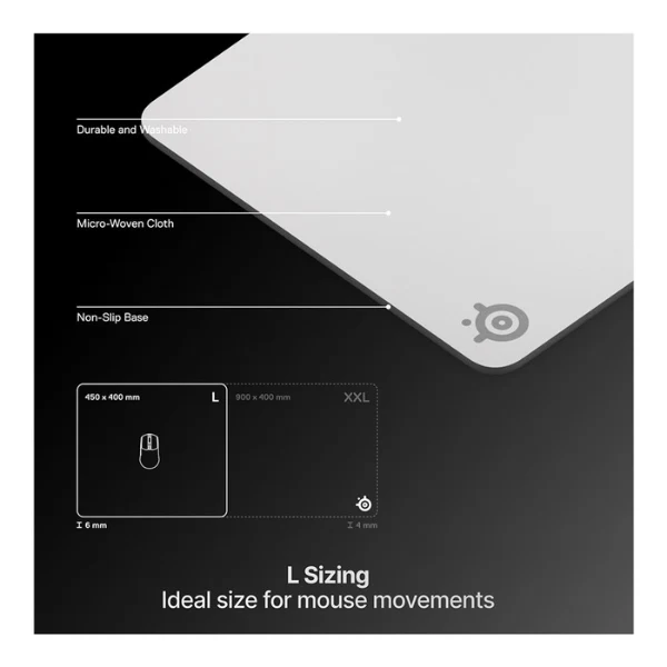 Mousepad gaming SteelSeries QcK Heavy Large de tela con base de goma extra gruesa - 67503 - Blanco