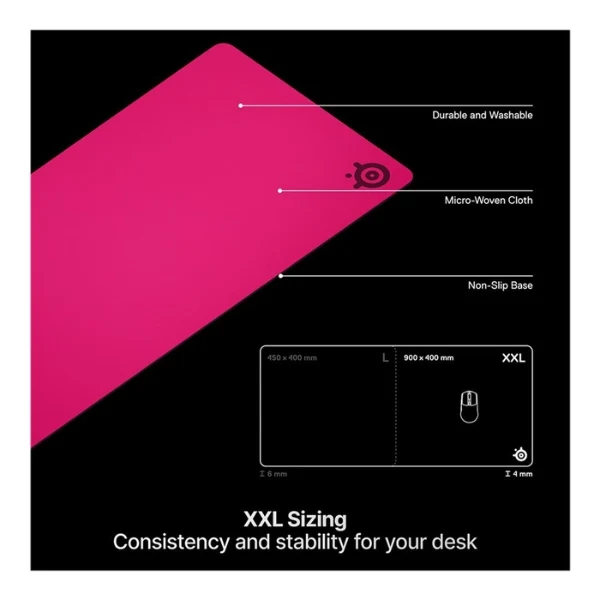 Mousepad gaming SteelSeries QcK Heavy XXL de tela con base de goma extra gruesa - 67505 - Magenta