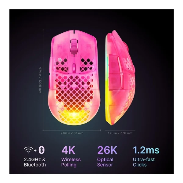 Mouse gaming inalámbrico SteelSeries Aerox 3 Wireless Gen 2 Haze RGB 26000 DPI con polling 4000Hz - 62716 - Rosado