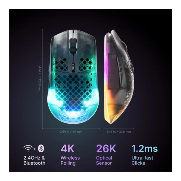 Mouse gaming inalámbrico SteelSeries Aerox 3 Wireless Gen 2 Shadow RGB 26000 DPI con polling 4000Hz - 62717 - Negro