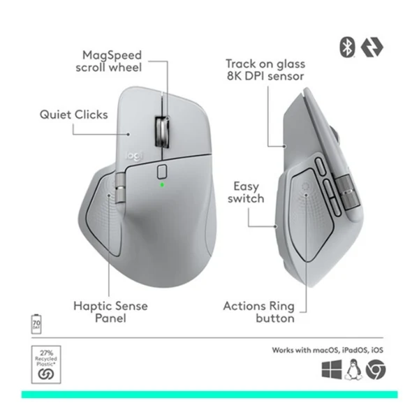 Mouse inalámbrico ergonómico Logitech MX Master 4 Pale Gray con feedback háptico y 8000 DPI - 910-007559 - Gris claro