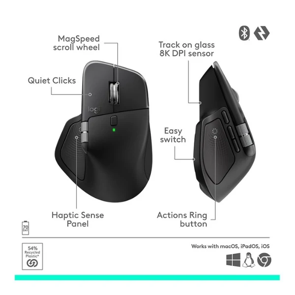 Mouse inalámbrico ergonómico Logitech MX Master 4 Black con feedback háptico y 8000 DPI - 910-007560 - Negro