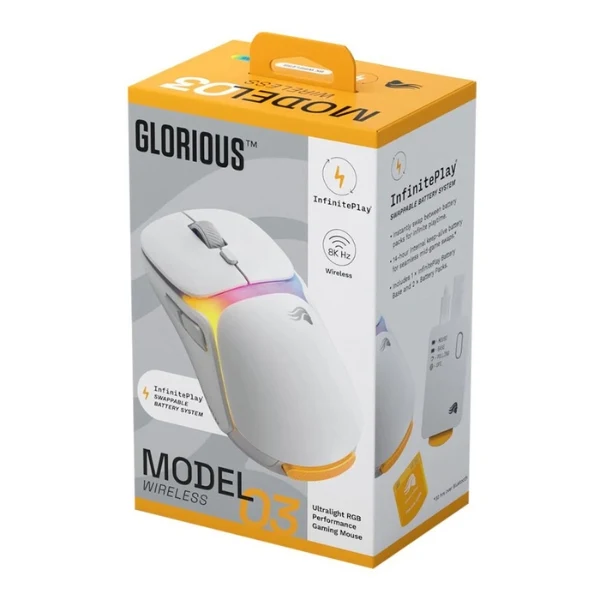 Mouse gaming inalámbrico Glorious Model O3 White RGB 30000 DPI con sensor BAMF 3.0 30K - GLO-O3-WL-WHT - Blanco
