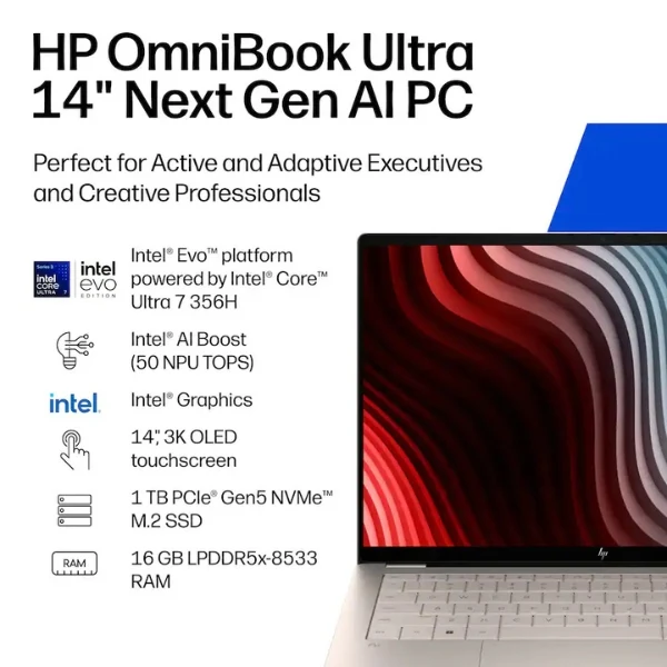 Laptop HP OmniBook Ultra Copilot+ PC Touchscreen Intel Core Ultra 7 356H (4.7GHz) 16GB RAM 1TB SSD 14" Intel Graphics Windows 11 Home - Silk Sand
